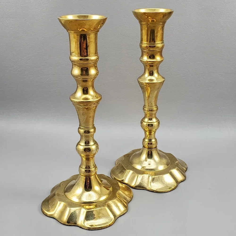Brass Spindle Tapered Candlesticks Pair Scalloped Base MCM India 8